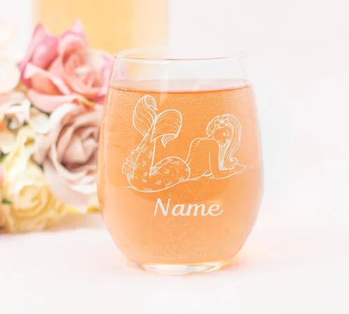 Miniatura 3 de C M Sirena con nombre, 17 onzas, copa de vino personalizada sin tallo, regalo personalizado con temática de sirena para mujeres y hombres