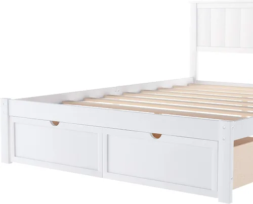 Miniatura 7 de P PURLOVE Base de cama de tamaño matrimonial con cajones de almacenamiento, plataforma de madera con cabecero para niños, color blanco