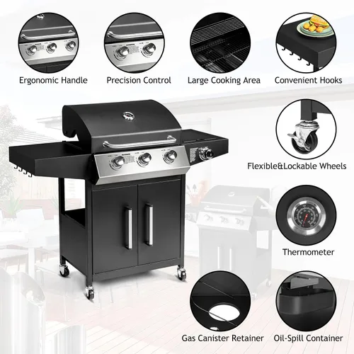 Miniatura 3 de Bonnlo - Parrilla de gas propano de 3 quemadores con quemador lateral y rejillas esmaltadas en porcelana, parrilla de gas de 46000BTU con estante