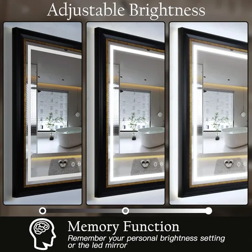 Miniatura 5 de ROLOVE Espejo antiguo negro y dorado de 23 x 33 pulgadas para pared, espejos vintage iluminados para baño con antivaho, marco impermeable, vidrio