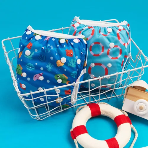 Miniatura 103 de Alva, Pañales de bebé para nadar, paquete de 2 unidades, talle único, reutilizable, lavable y ajustable de 0 a 36 meses. Tamaño de 10 a 40 lbs