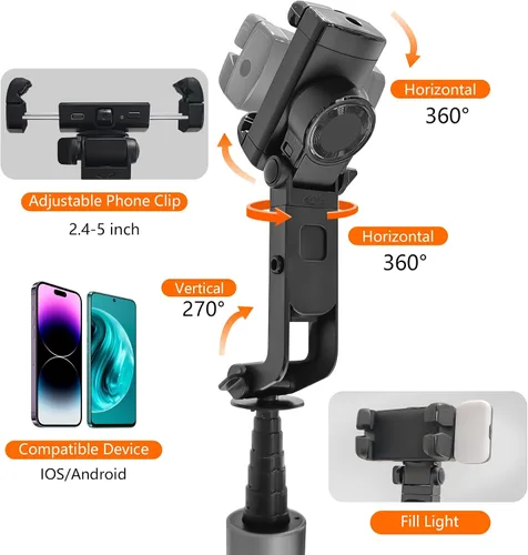 Miniatura 8 de Trípode con palo de selfie de 71 pulgadas para iPhone/Android, trípodes de seguimiento automático facial con luz, estabilizador gimbal fuerte