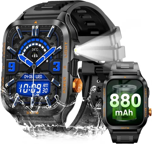 Miniatura 14 de Relojes inteligentes militares para hombre (responder/hacer llamadas) con potente linterna de 1.96 pulgadas HD, reloj inteligente táctico al aire