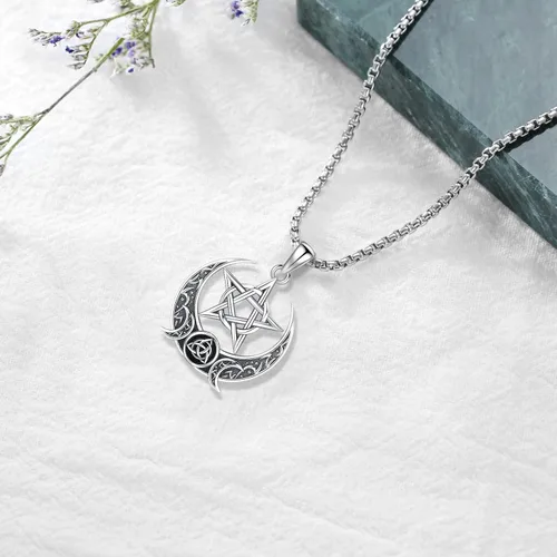 Miniatura 78 de Collar de pentagrama de plata de ley con triple luna, diosa celta, nudo celta, nudo de brujas, Ankh, sol y luna, Hécate, lilith, Santa Muerte