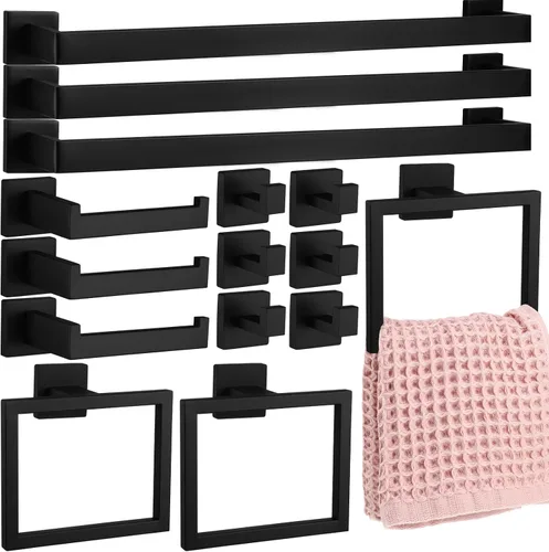 Gisafai Juego de 15 piezas de accesorios de baño negros de 23.6 pulgadas, kit de barra de toalla de baño de acero inoxidable, toalleros, ganchos