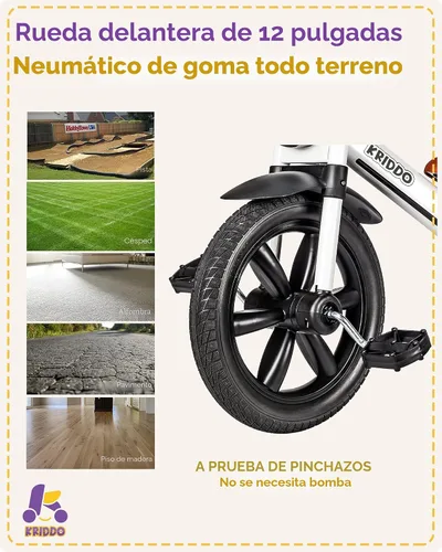 Miniatura 6 de KRIDDO Triciclo para niños, rueda de 12 pulgadas sin riesgo de pinchazos con luz frontal, altura de asiento ajustable, regalo para niños de 2 a 5