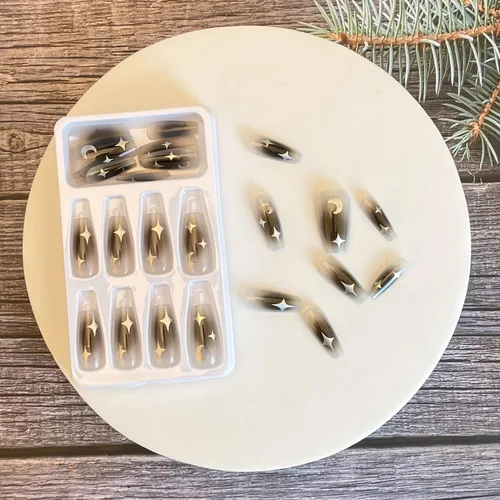 Miniatura 3 de 24 uñas postizas medianas a presión, uñas postizas brillantes con diseños de estrellas y luna, uñas acrílicas negras de cobertura completa pegamento