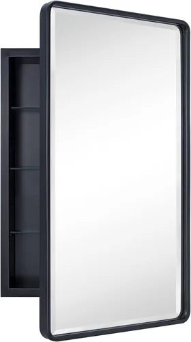 Miniatura 10 de TEHOME Botiquín de baño empotrado con marco de metal dorado cepillado con espejo rectangular redondeado con espejo biselado de 16 x 24 pulgadas