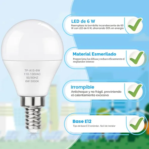 Miniatura 6 de MAXvolador Bombillas LED E12 Equivalente a 60W Luz de Día Blanca 5000K para Ventilador de Techo, 600LM CRI 85+ Bombillas Candelabro Base Pequeña, 6W