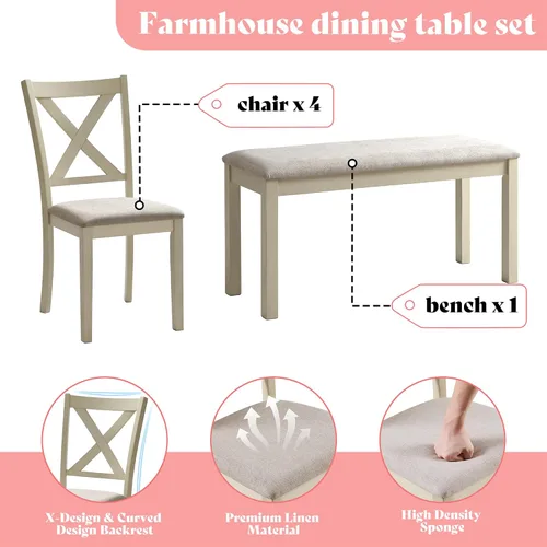 Miniatura 5 de AMERLIFE Juego de mesa de comedor de 6 piezas estilo granja, mesa de madera maciza de 152 cm con 4 sillas tapizadas y banco, asientos cómodos