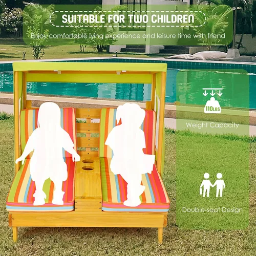 Miniatura 5 de COSTWAY Tumbona doble para niños al aire libre, silla de patio de 2 asientos con portavasos y cojines, silla de playa para niños con toldo, muebles