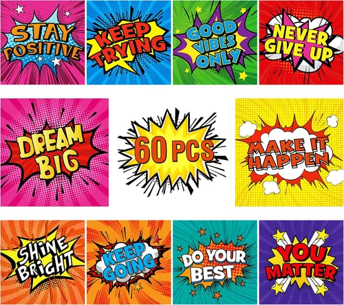 60 tarjetas motivacionales de superhéroes, 10 diseños inspiradores de pared, letreros decorativos de palabras positivas, juego de detalles coloridos