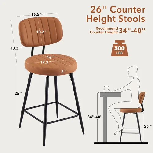 Miniatura 2 de Furniliving - Juego de 2 taburetes de bar giratorios de 26 pulgadas, taburetes modernos de altura de mostrador de cuero sintético con respaldo alto
