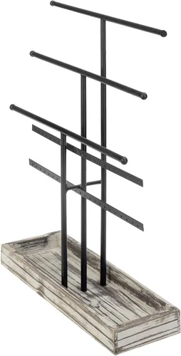 Miniatura 5 de MyGift - Estante organizador de joyería de metal negro de 3 niveles con collar y barras en T perchas para pendientes y bandeja de madera para anillos