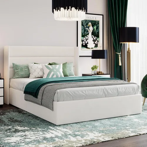 Miniatura 6 de SHA CERLIN Cama de Almacenamiento Elevable Tamaño Completo/Tapizada en Terciopelo/Cabecera Moderna Tipo Wingback/Marco de Cama Plataforma Blanco