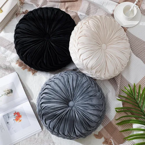 Miniatura 7 de Drydiet 3 Piezas Almohadas Redondas Decorativas de Terciopelo Plisado Almohadas de 15'' de Diámetro Acento Calabaza Boho Cojín de Silla para Sofá