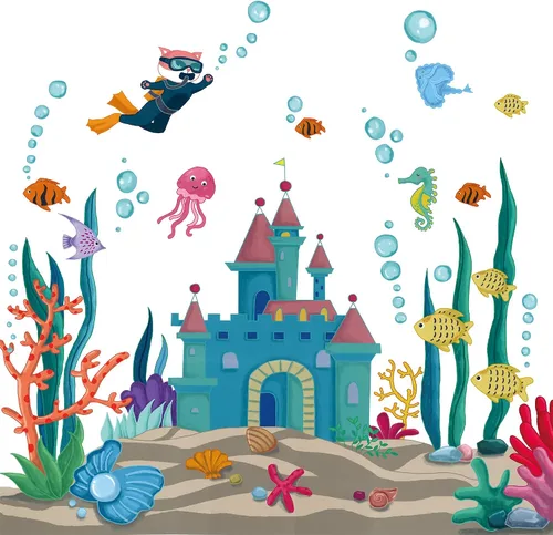 Miniatura 7 de Calcomanías de pared de peces marinos 3D bajo el mar, castillo, calcomanías de pared removibles de algas marinas, corales de medusas de burbujas