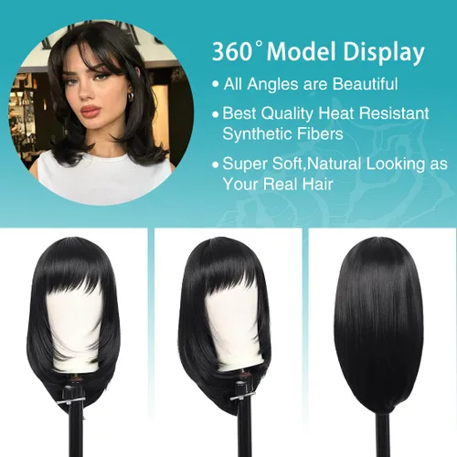 Miniatura 7 de Kalyss peluca de mujer larga lacia, de pelo sintético negro para mujeres (negro)