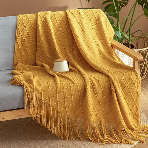 Miniatura 2 de Manta suave, cálida y tejida con flecos decorativos, ligera para cama o sofá decorativa (amarillo, 50 x 90 pulgadas)