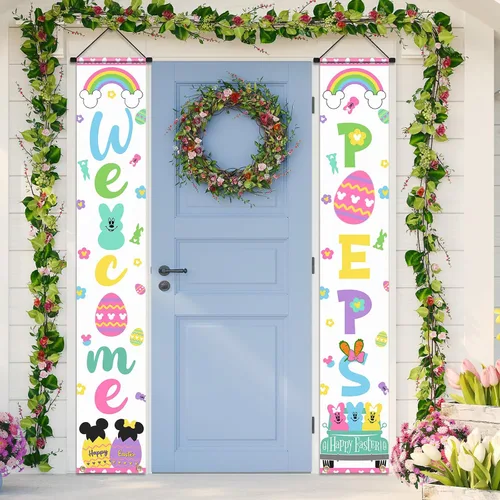 Letrero Banner de Bienvenida de Conejito para Porche, 2 piezas Decoración de Puerta de Pascua Feliz, Tema de Ratón Letrero de Bienvenida para Puerta