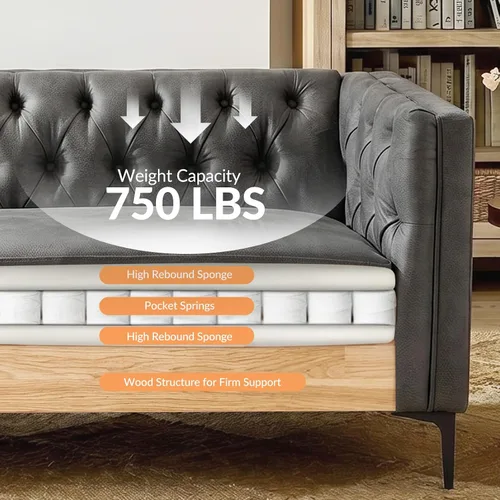 Miniatura 5 de HULALA HOME Sofá de Piel Sintética de 84" de Ancho con Patas Metálicas, Sofá de 3 Plazas con Botones Capitoné, Sofá Tapizado Contemporáneo Moderno