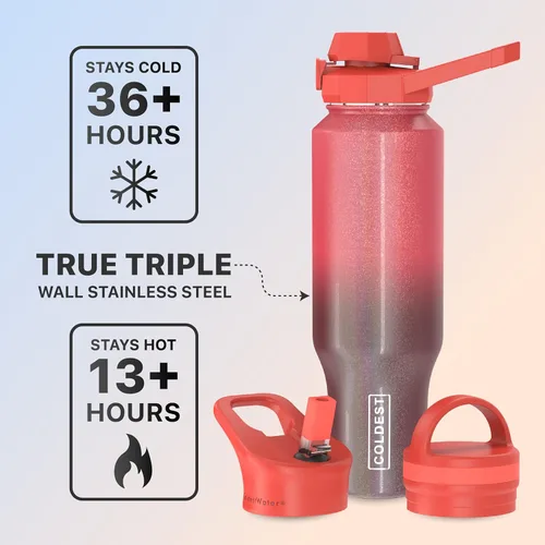 Miniatura 2 de Coldest Botella de agua deportiva – Tapas 3 en 1 (Chug, popote, asa) – Vaso térmico de acero inoxidable con asa – Taza de agua al vacío, regalos