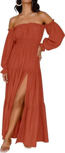 Miniatura 41 de ZESICA - Vestido largo, bohemio y sexy, con hombros descubiertos y manga larga fruncida, con elástico fruncido, cintura alta y abertura lateral