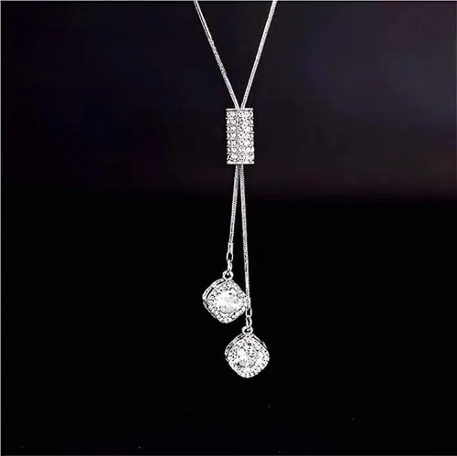Miniatura 3 de Cathercing - Collar de cadena ajustable, larga y elegante con dije de diamantes de imitación, joyería única para mujeres y niñas, Plateado