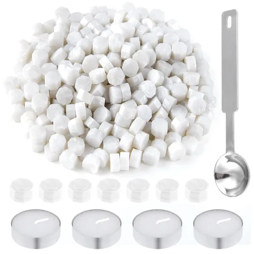 Miniatura 11 de 500 piezas de cuentas de cera octogonales para sellos de cera de bronce con 4 velas de té y 1 cuchara para derretir cera para manualidades, cartas