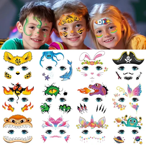 EMOME Tatuajes faciales para niños, paquete de 24 hojas, tatuajes de pintura facial, maquillaje para niños y niñas, suministros de fiesta de