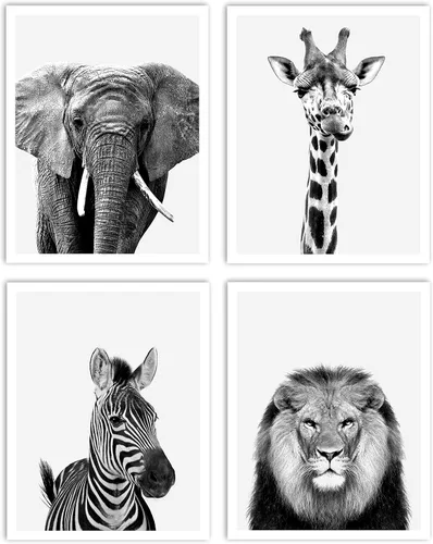 4 Piece Safari Zoo Animal Nursery Set, Neutral Wall Decor, Kids Bedroom, Children's Room Animal Print Collage 4 Piece Set, 11 x 14 inches each,