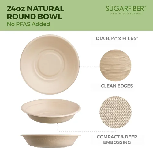 Miniatura 2 de Paquete de cosecha libre de PFAS de 24 onzas, cuencos compostables de 24 onzas, cuencos redondos de papel resistentes y ecológicos, desechables