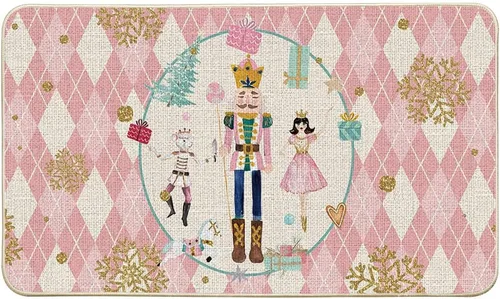 Artoid Mode Felpudo Navideño de Cuadros Diamante Rosa Cascanueces, Decoración del Hogar de Invierno, Alfombrilla de Puerta de Bajo Perfil 17x29