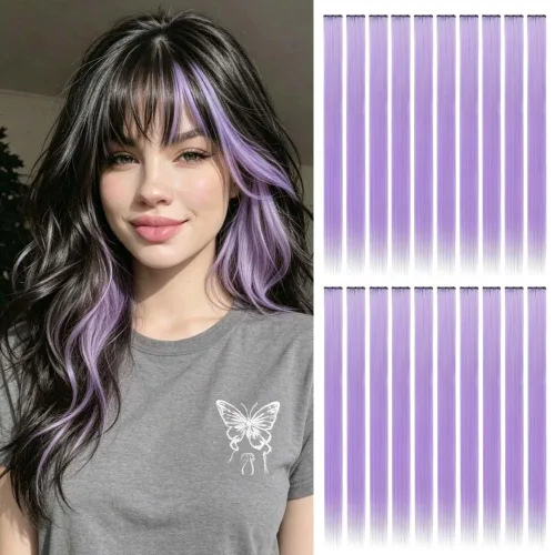 Miniatura 16 de 20 extensiones de cabello con clip de colores para niñas, extensiones de cabello arcoíris multicolor de 20 pulgadas, reflejos instantáneos, piezas