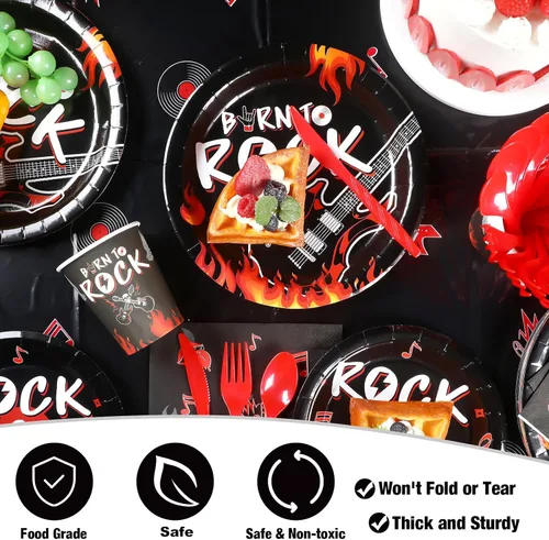 Miniatura 4 de Yaomiao 172 piezas de suministros de fiesta temática de rock Born to Rock, pancarta de notas musicales, guirnalda, juego de vajilla para fiesta