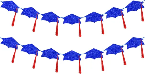 Guirnalda de graduación con purpurina azul y roja con borla 2025 para decoración de fiesta universitaria 2025, azul y rojo