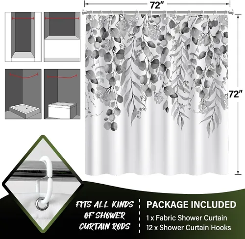 Miniatura 5 de KAIRA Cortina de ducha de eucalipto negro con diseño clásico y moderno, hojas de plantas de acuarela con diseño floral, decoración de baño, 72 x 72