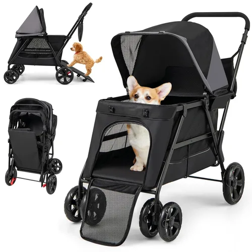 Giantex Cochecito para perros con entrada baja y acceso a rampa, cochecito para gatos con ruedas todo terreno bloqueables y que absorben los golpes,