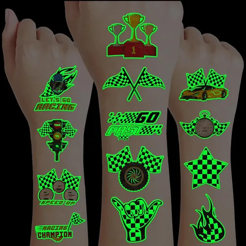 Miniatura 2 de 96 piezas de tatuajes temporales luminosos precortados con bandera a cuadros que brillan en la oscuridad para niños Recuerdos de fiesta