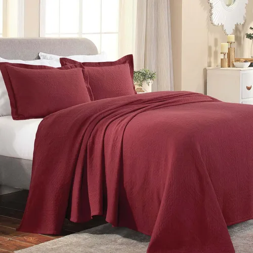 Miniatura 8 de Superior Fleur De Lis - Juego de colcha de algodón de 3 piezas, decoración de cama para el hogar, colcha decorativa con textura, 2 fundas de Granate