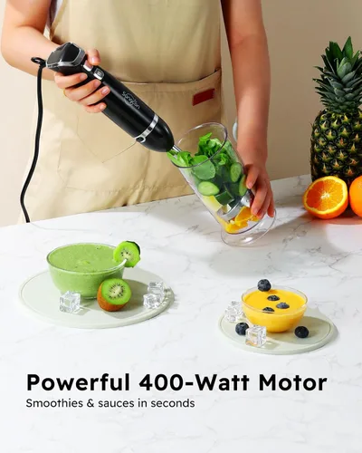 Miniatura 2 de Sangcon Batidora de inmersión de mano, licuadora de mano 3 en 1 eléctrica, Licuadora de mano de 400 W, mezclador de varilla de hoja de acero