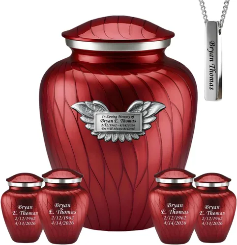 Miniatura 26 de Juego de 6 urnas funerarias decorativas negras y doradas personalizadas/grabadas para cenizas humanas, hombres y mujeres, con 1 urna grande