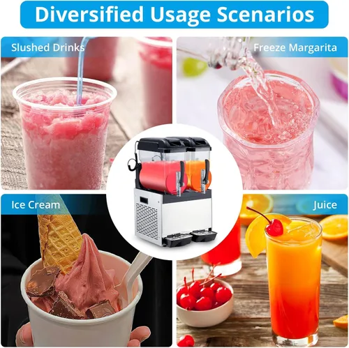 Miniatura 5 de Máquina comercial de granizado 12l 2 tanque 700w máquina congelada bebida, acero inoxidable Margarita vino Slush & Smoothies máquina para Negro