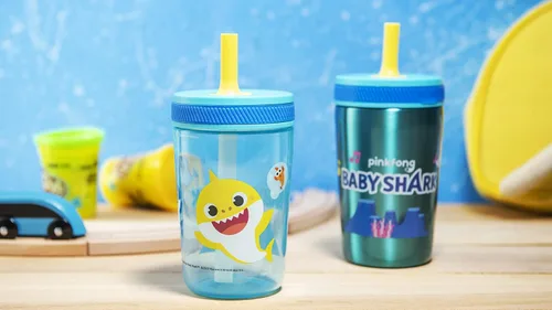 Miniatura 9 de Zak Designs Baby Shark Kelso - Juego de vasos con tapa de rosca a prueba de fugas con pajilla, paquete para niños, incluye vasos de plástico y acero
