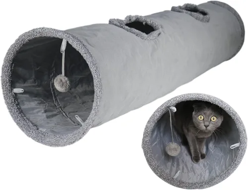 Miniatura 7 de Túnel para gatos de interior, túnel plegable para gatos grandes de 51 x 12 pulgadas, túneles de gamuza marrón para mascotas con dos mirillas y una