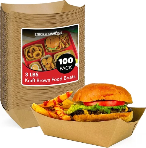 Miniatura 18 de Paquete de 100 bandejas de comida de papel kraft marrón de 2 libras, bote de comida de papel resistente, bandejas desechables para aperitivos