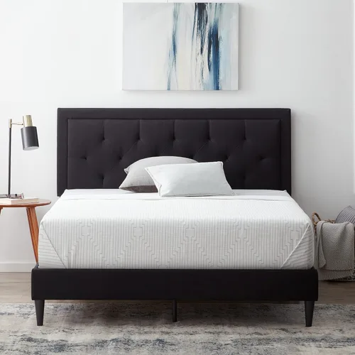 Miniatura 9 de Lucid - Cama de plataforma tapizada con cabecera de diamante con estructura de madera resistente, no requiere somier, King, carbón