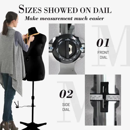 Miniatura 6 de formas de vestido para costura, maniquí femenino negro ajustable talla 12-18, cuerpo de modelo con capacidad de engrapado con 13 diales y guía