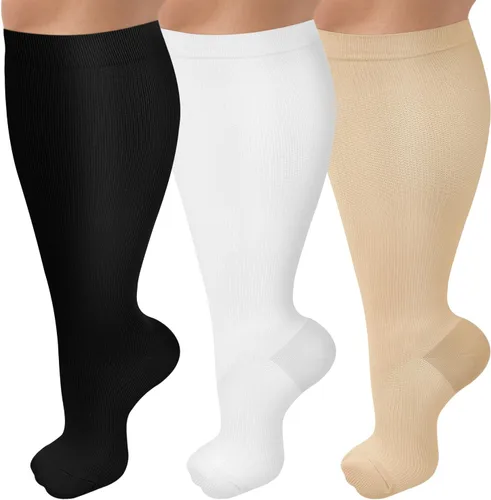 Miniatura 8 de Paquete de 3 calcetines de compresión de talla grande para mujeres y hombres, medias extra anchas de pantorrilla hasta la rodilla para soporte