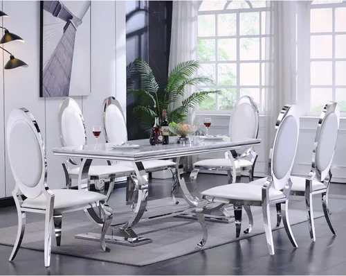 Miniatura 3 de Asday Sillas de comedor blancas y plateadas, sillas de comedor de piel sintética blanca con magnífica parte trasera ovalada y patas de acero